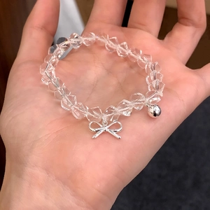 Elegant Beaded Bracelet With Silver Plated Copper Bowknot And Bell Pendant Transparent Faceted Glass Beads For Women