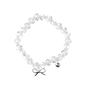 Elegant beaded bracelet featuring a silver bow charm and a small bell on a white background