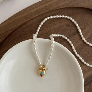 Collier En Perles D'eau Douce Pendentif Cœur Turquoise Fermoir À Bascule En Cuivre Bijoux Vintage Femmes