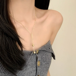 Y-Shaped Lariat Necklace Copper Double Metal Bead Tassel Long Chain Minimalist Elegant Clavicle Chain Jewelry For Women