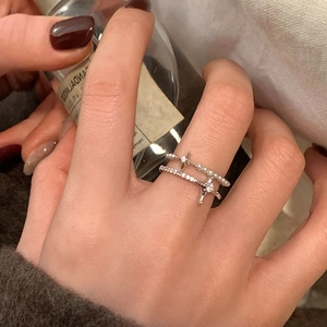 Double Layered Open Ring With Artificial Pearl And Star Zircon Minimalist French Style Elegant Adjustable Finger Jewelry For Women