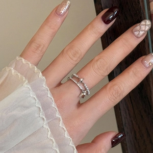 Double-layer silver open ring with round white pearls and sparkling star charm