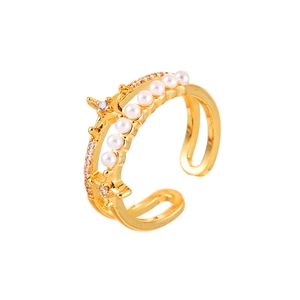 French style double-layer gold open ring with white pearls and sparkling cubic zirconia