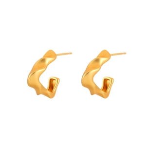 Irregular C-shape matte gold earrings with a minimalist satin finish twisted design
