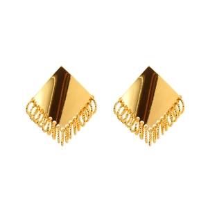 Minimalist gold diamond-shaped stud earrings with textured circular metal tassels