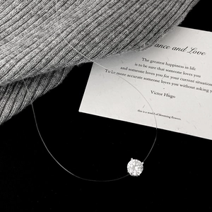 Minimalist sparkling zircon solitaire necklace with invisible transparent fishline chain