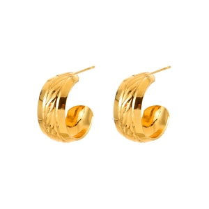 Elegant gold C-shaped hoop earrings with engraved diagonal wave texture for women