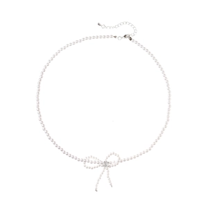 Elegant pearl bow necklace with zircon center on silver chain for women
