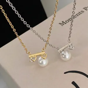 Horizontal Bar Artificial Pearl Pendant Necklace Copper Gold Plated With Zircon Light Luxury Fashion Jewelry For Women