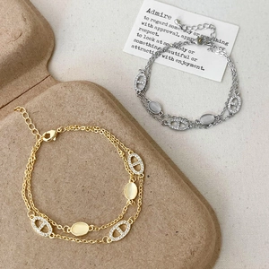 Double Layered Bracelet Copper 14K Gold Plated Cat Eye Stone Geometric Link Chain Cubic Zirconia Inlaid Jewelry For Women
