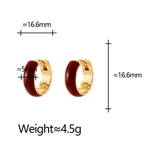 Detailed size view of gold hoop earrings with red enamel measuring 16.6mm in diameter