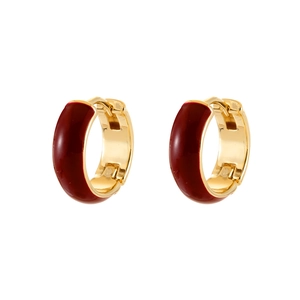 Elegant gold hoop earrings with dark red enamel inlay and secure leverback closure