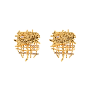 Artistic gold-plated earrings with micro-set zircon crystals and mesh texture