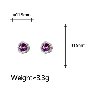 Elegant round purple zircon stud earrings with white diamond halo and silver metal finish
