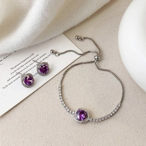 Purple Cubic Zirconia Round Halo Copper Stud Earrings And Adjustable Bracelet For Women Elegant Jewelry
