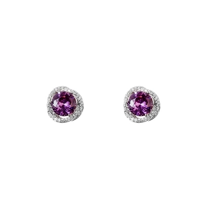 Elegant silver earrings with round purple zircon center and sparkling white halo stones