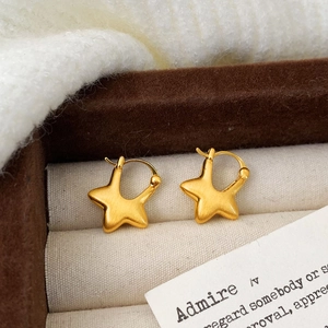 Macro view of star-shaped matte gold earrings with brushed texture in a jewelry box