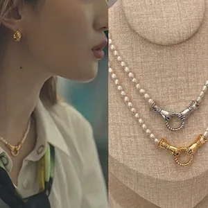 Artificial Pearl Necklace Heart Pendant Copper Gold Plated Twisted OT Toggle Clasp Elegant Jewelry For Women Fashion Accessory