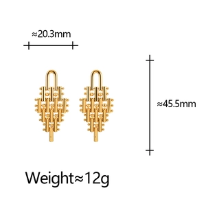 Golden geometric tassel earrings with layered cylindrical metal bars and spheres