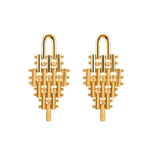 Minimalist golden geometric tassel earrings featuring a textured tiered tiered design