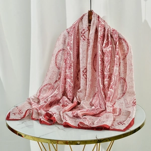 Elegant red paisley print silk-feel long scarf and shawl for women in vintage ethnic style