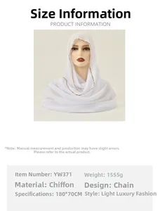 White chiffon hijab scarf with chain trim detail, size 180x70cm for elegant headwear
