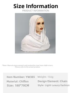 Detailed view of white chiffon hijab with gold chain trim, size 180x70cm and 132g
