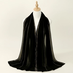 Elegant black chiffon shawl with metallic sequin stripes for women as a headscarf
