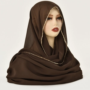 Brown chiffon hijab scarf for women with elegant gold bead chain trim decoration
