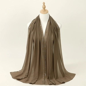 Classic dark brown chiffon hijab for women with elegant vertical gold and silver sequins