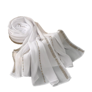 White chiffon hijab scarf with diagonal gold and silver rhinestone stripes
