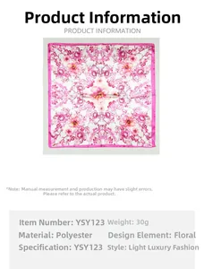 Detail of floral print square scarf with pink edges and intricate polyester fabric texture