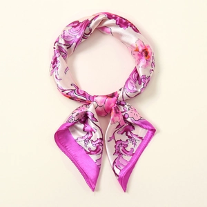 Floral print silk square scarf in pink and purple tones with an elegant plant pattern