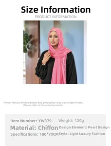 Pink chiffon hijab with pearl accents 180x70cm sized specification details for women