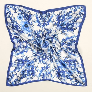 Women Elegant Floral Print Square Scarf Satin Like Satin Texture Neck Head Bandana Lightweight Decorative