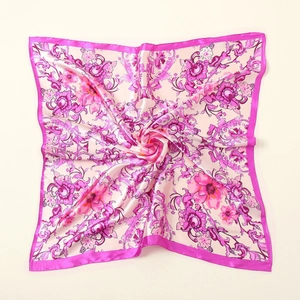 60cm silk-textured floral square scarf with pink rose patterns and wide fuchsia borders