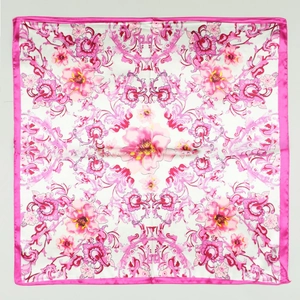 Floral print 60cm square silk scarf with elegant pink and yellow patterns on white base