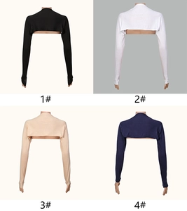 Detail of four seamless sun protection bolero shrugs in black, white, beige and navy blue