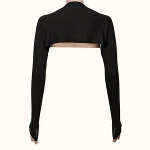 Back view of black seamless shoulder-shrug sun sleeves with thumb holes for UV protection