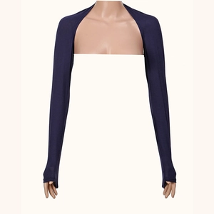 Detail view of navy blue modal sun protection shrug featuring functional thumb holes