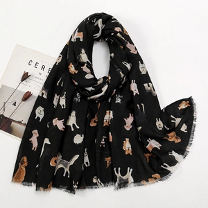 Écharpe noire en coton et lin avec motifs de chiens mignons et bords frangés