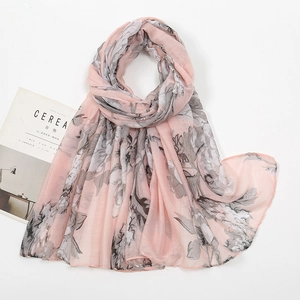 Pink floral print voile scarf long shawl for women with light grey botanical patterns