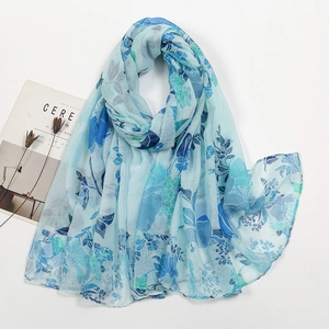 Floral print voile long scarf in sky blue and turquoise, lightweight spring shawl