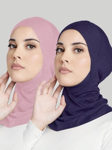 Dual-pack cross front ninja inner hijabs in pink and navy blue stretch cotton fabric