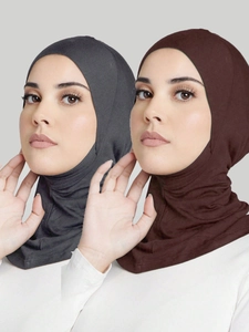 Detail of cross-front mercerized cotton hijabs in dark grey and coffee brown colors