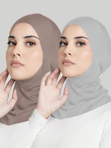 Detail of brown and grey cotton hijab inner caps with elastic full coverage design