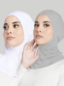 Close-up of white and grey mercerized cotton hijab under-caps with neck coverage