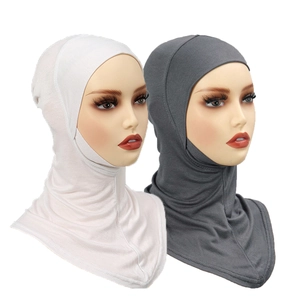 Detail of white and dark gray elastic cotton inner hijab caps with chin covering design