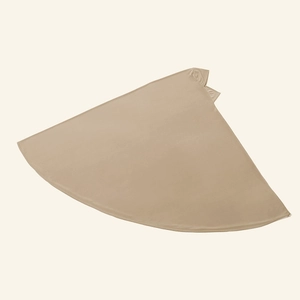 Detail of light brown silk-texture headscarf showing smooth fabric and elegant drape