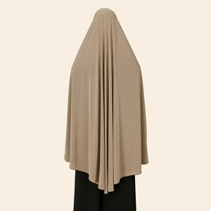 Rear view of long khaki muslim khimar hijab showing elegant drape and smooth fabric texture
